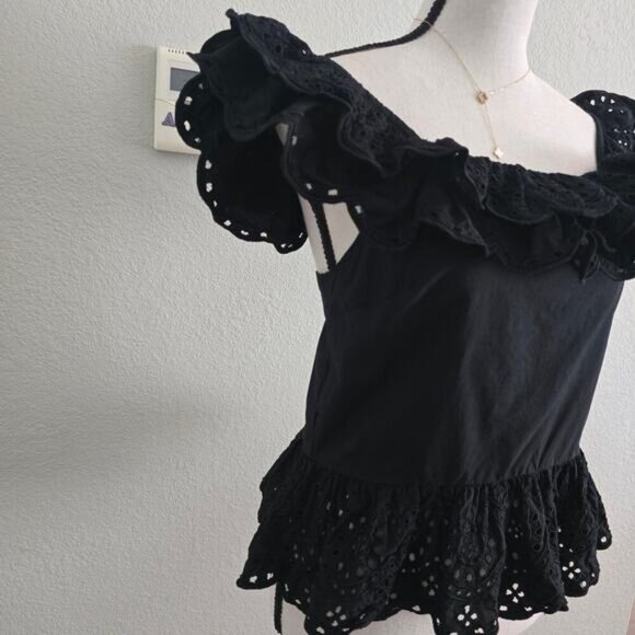 Express Black Cotton Eyelet Lace Ruffle Peplum Top L Open Back Romantic Evening - Picture 2 of 10